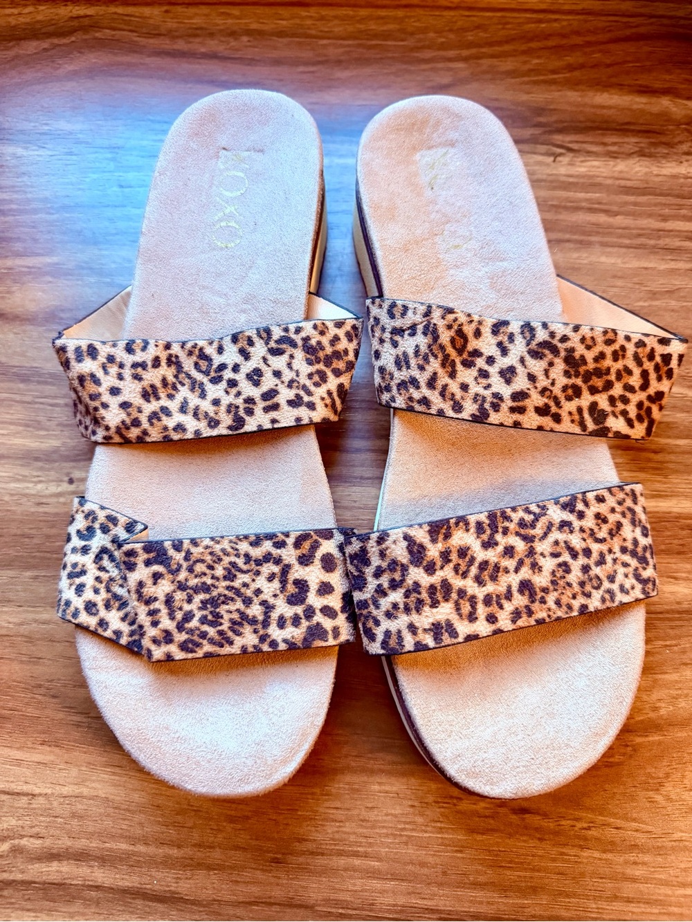 Xoxo Leopard Print Dual-Strap Slide Sandals - Tan/Black